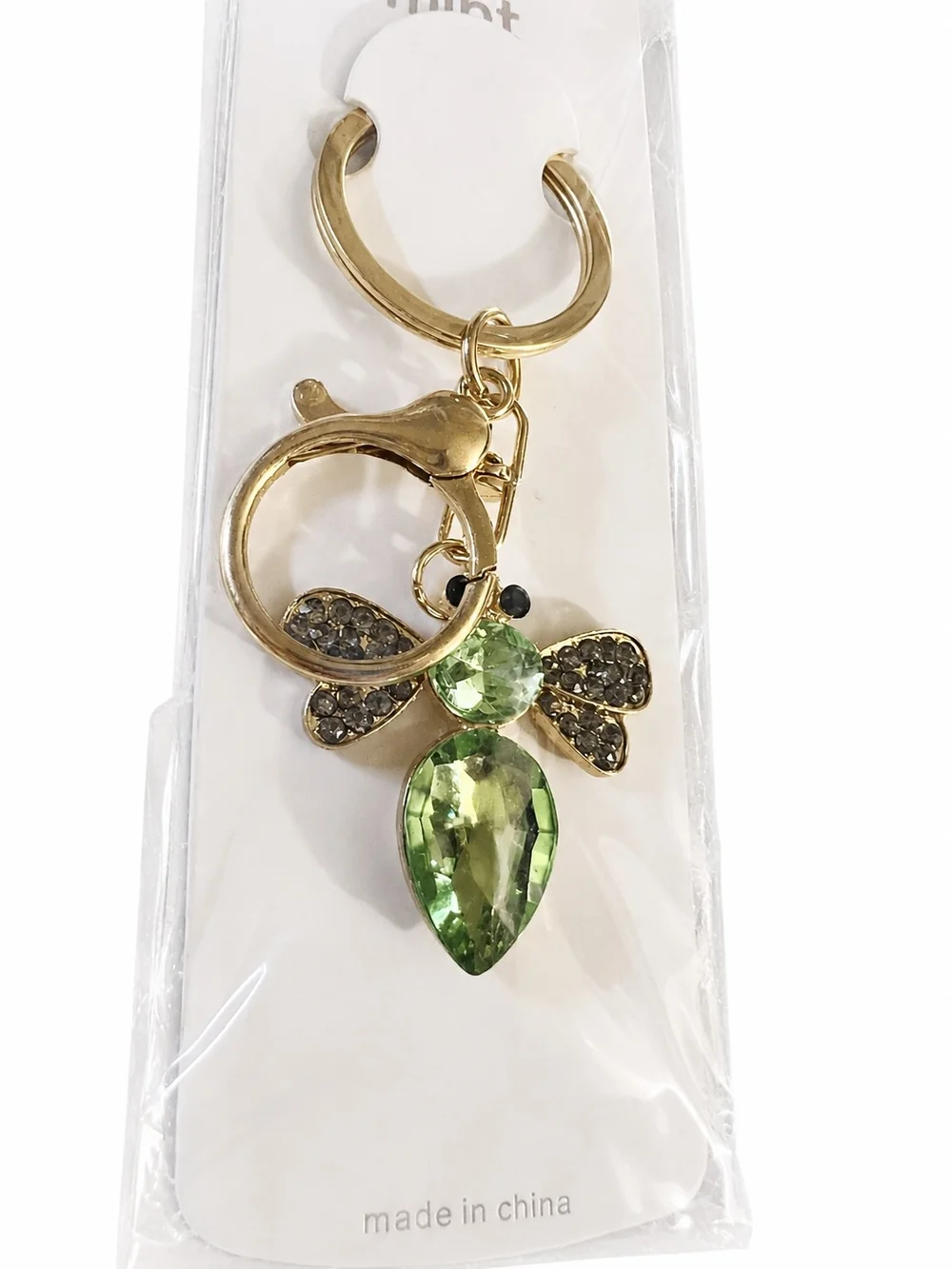 Mint Gold-Tone Bee Key & Card Holder with Green Crystal Stones
